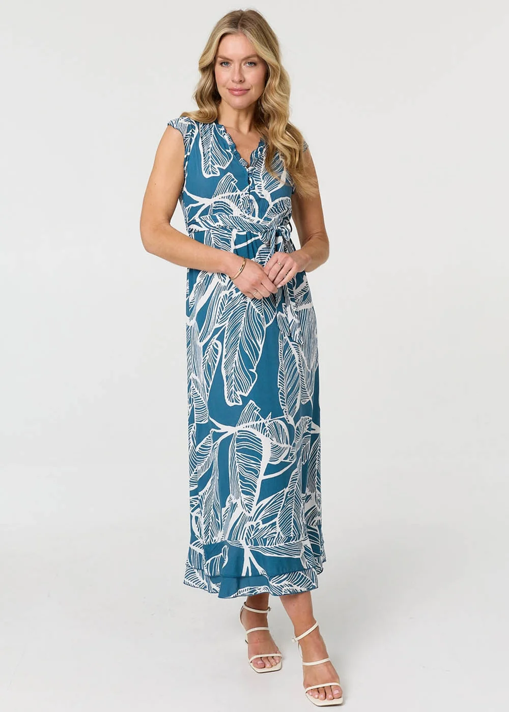 Izabel London Blue Leaf Print Sleeveless Maxi Dress - 18 Image 1
