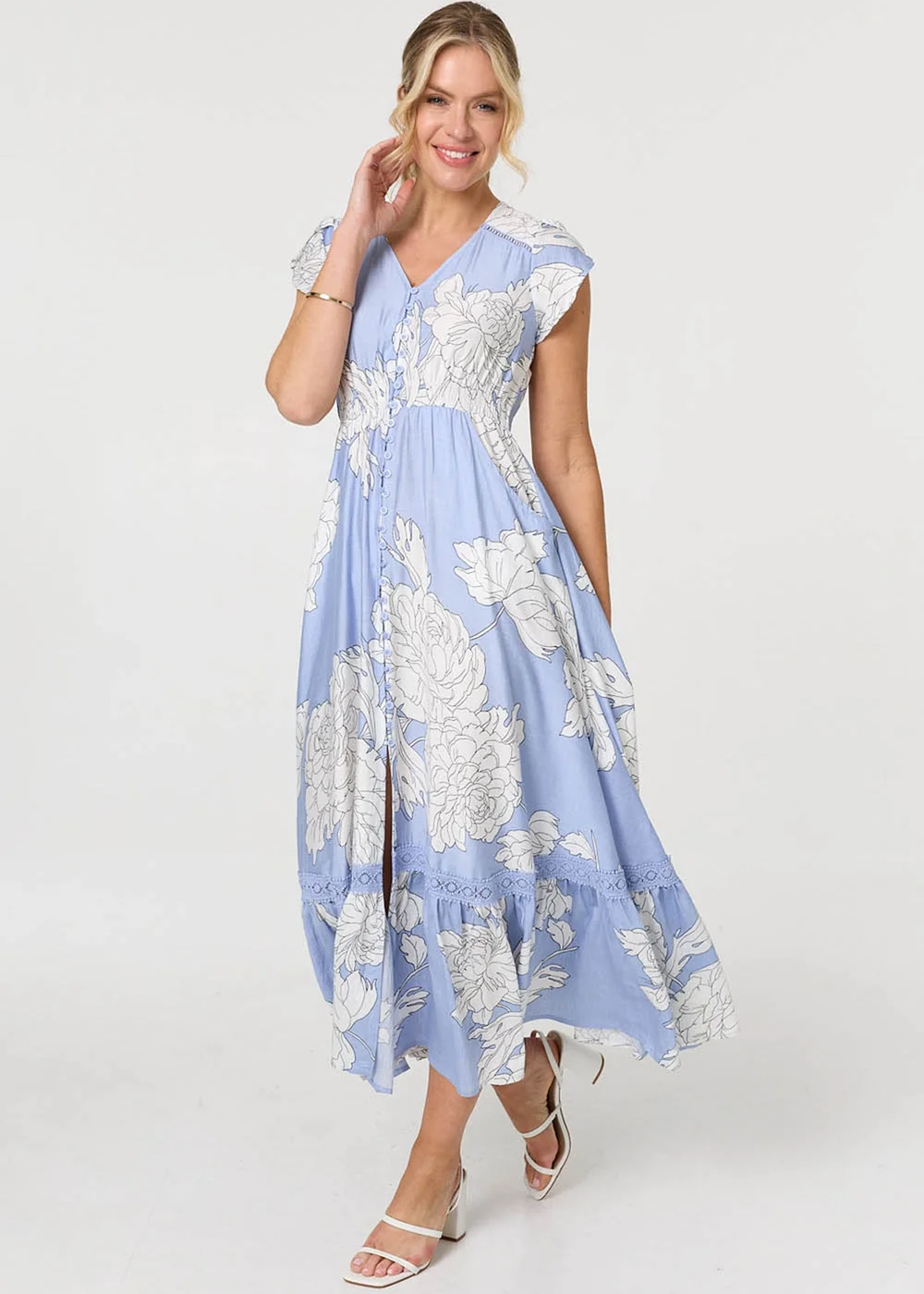 Izabel London Blue Floral Cap Sleeve Button-Up Maxi Dress - 18 Image 1