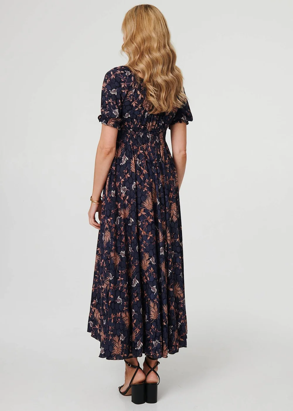 Izabel London Navy Leaf Print Short Puff Sleeve Maxi Dress - 8 Image 3