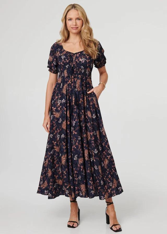 Izabel London Navy Leaf Print Short Puff Sleeve Maxi Dress