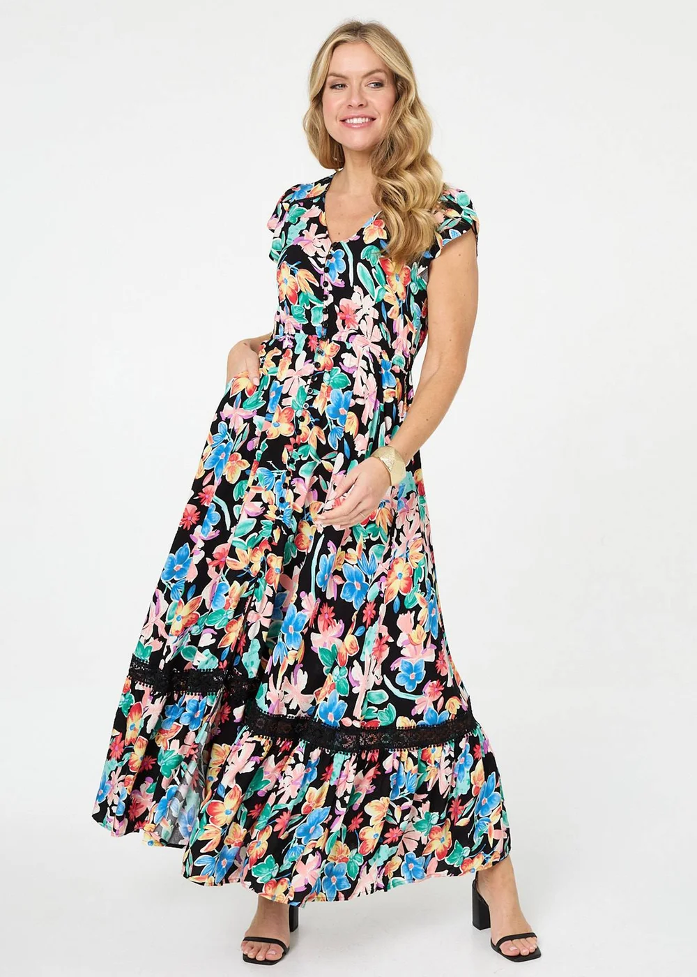 Izabel London Black Floral Lace Trim Cap Sleeve Maxi Dress - 16 Image 1