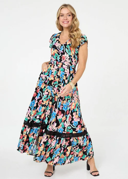 Izabel London Black Floral Lace Trim Cap Sleeve Maxi Dress - 16 Image 1