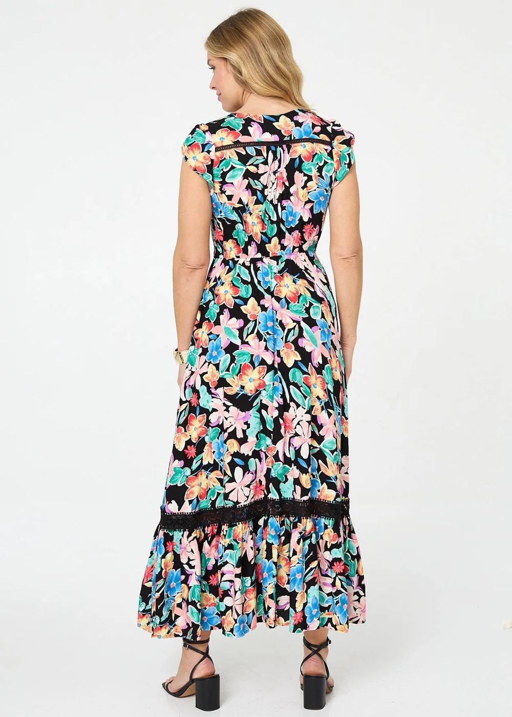Izabel London Black Floral Lace Trim Cap Sleeve Maxi Dress - 16 Image 3