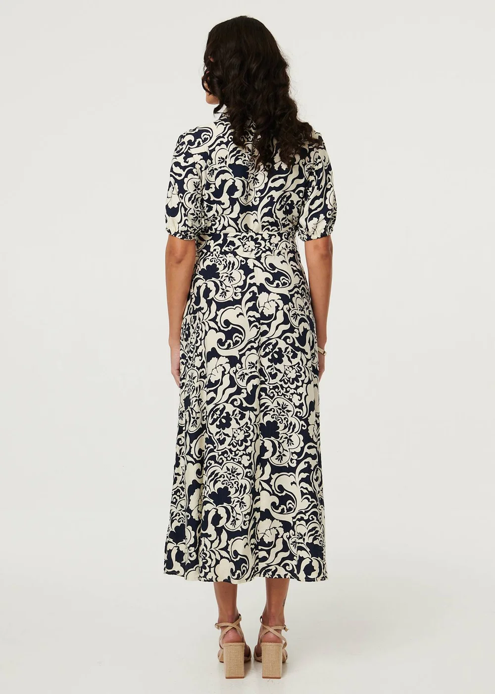 Izabel London Navy Printed 1/2 Puff Sleeve Midi Shirt Dress - 10 Image 3