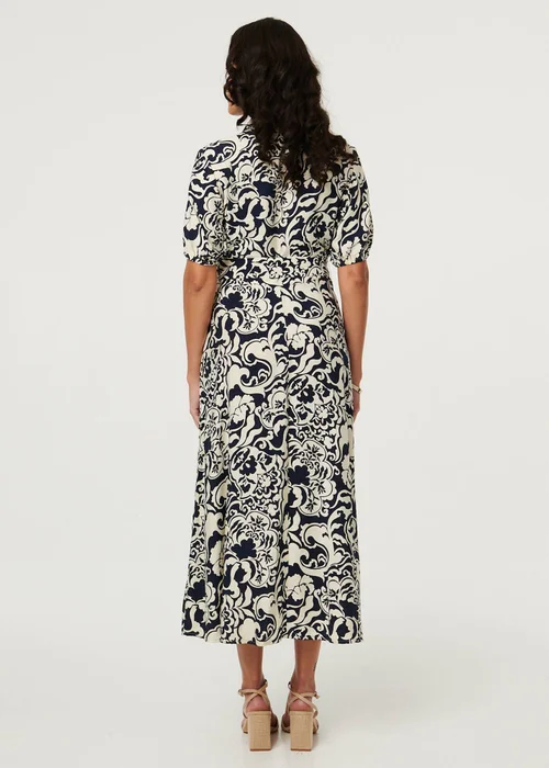 Izabel London Navy Printed 1/2 Puff Sleeve Midi Shirt Dress - 10 Image 3