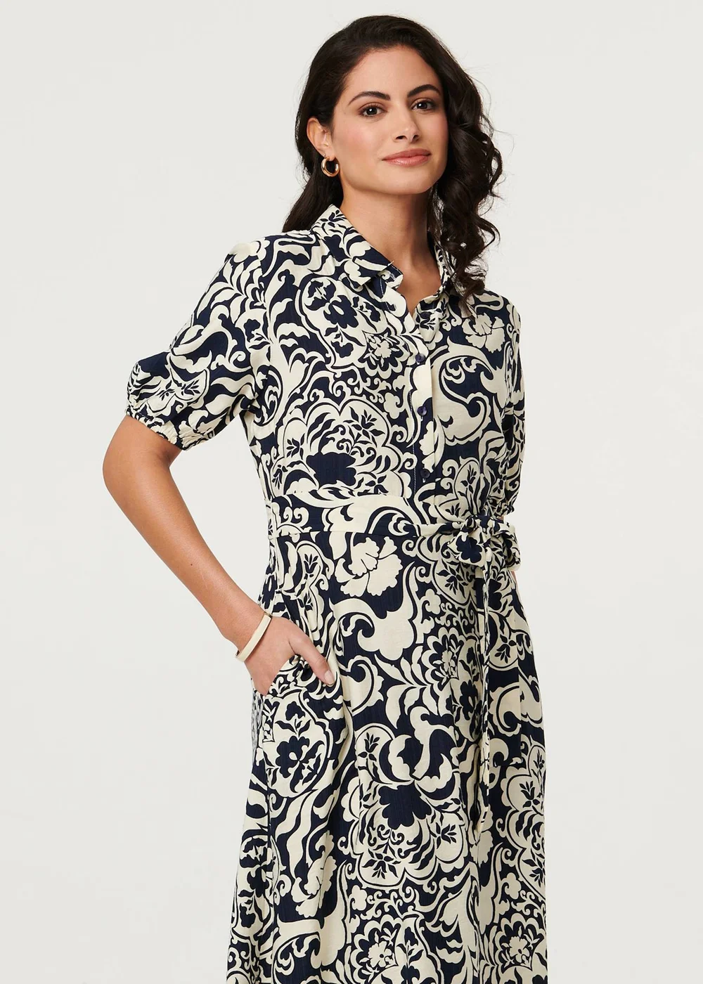 Izabel London Navy Printed 1/2 Puff Sleeve Midi Shirt Dress - 10 Image 2