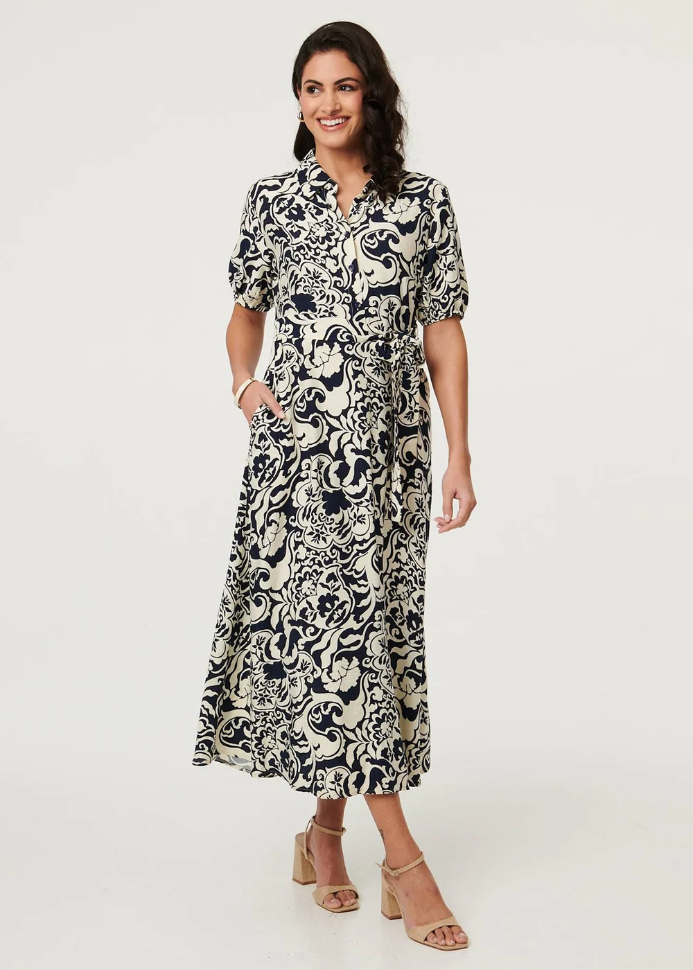 Izabel London Navy Printed 1/2 Puff Sleeve Midi Shirt Dress - 10 Image 1