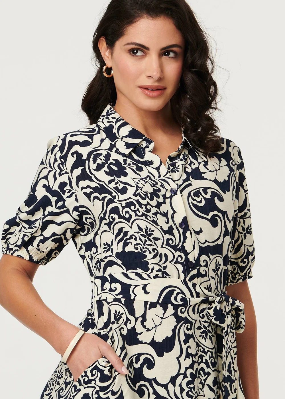 Izabel London Navy Printed 1/2 Puff Sleeve Midi Shirt Dress - 10 Image 4
