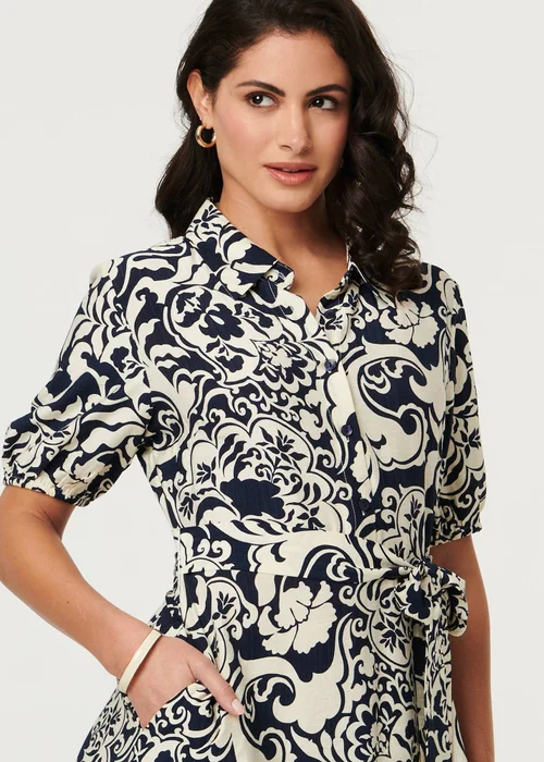 Izabel London Navy Printed 1/2 Puff Sleeve Midi Shirt Dress - 10 Image 4