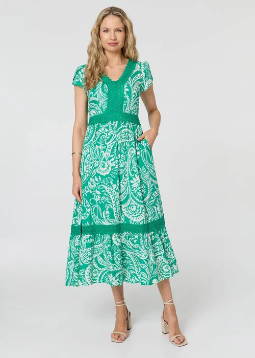 Izabel London Green Printed Lace Trim Tiered Midi Dress - 8 Image 1