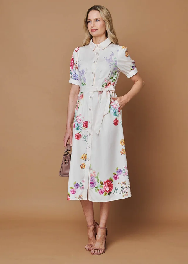 Izabel London Beige Floral 1/2 Sleeve Tie Waist Midi Dress
