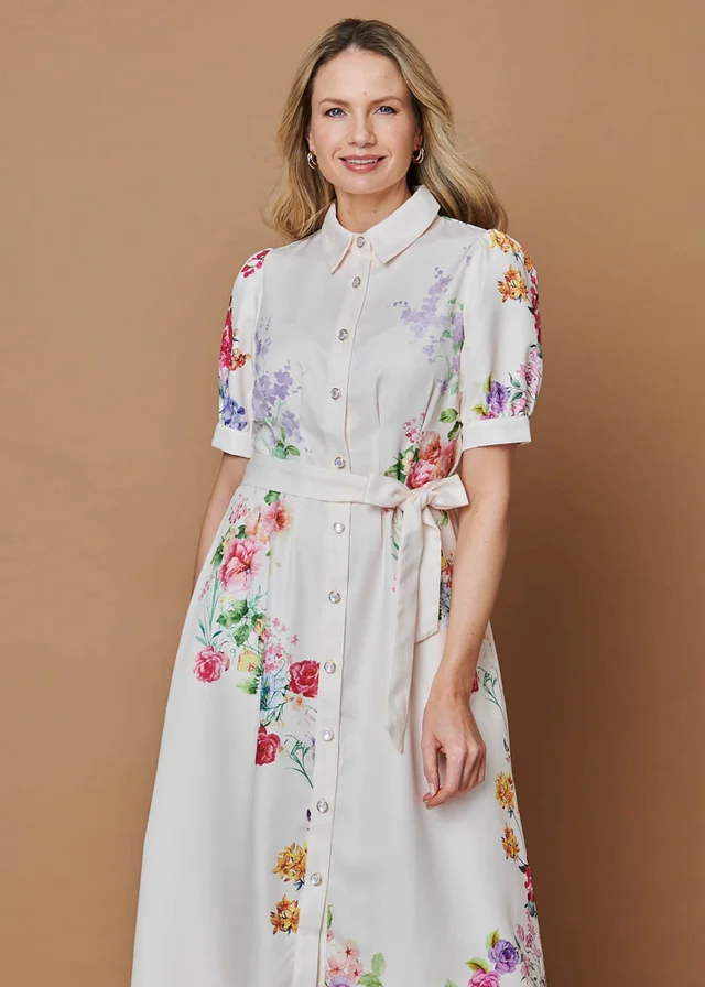 Izabel London Beige Floral 1/2 Sleeve Tie Waist Midi Dress