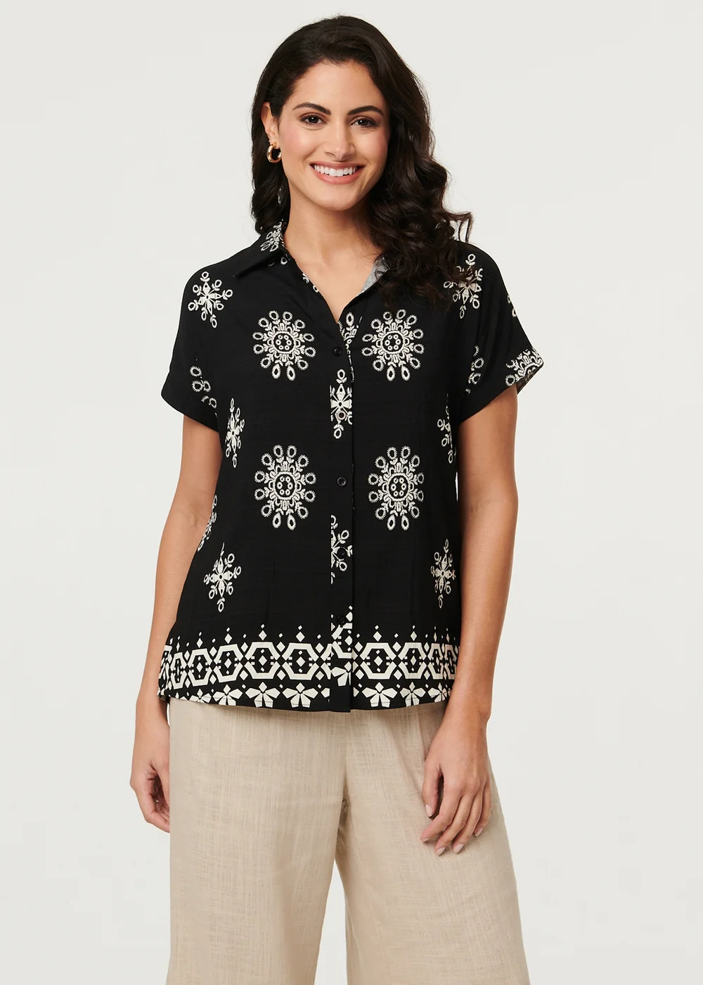 Izabel London Black Printed Short Sleeve Relaxed Shirt - 14 Image 1