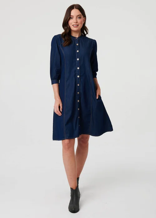 Izabel London Blue Collarless Knee Length Shirt Dress - 8 Image 1