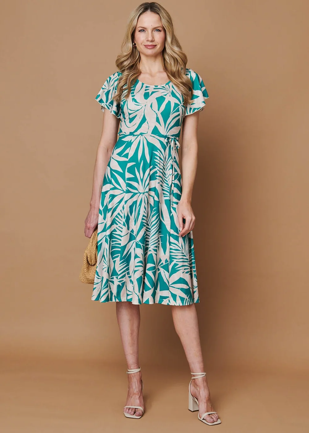 Izabel London Green Leaf Print Tie Angel Sleeve Midi Dress - 8 Image 1