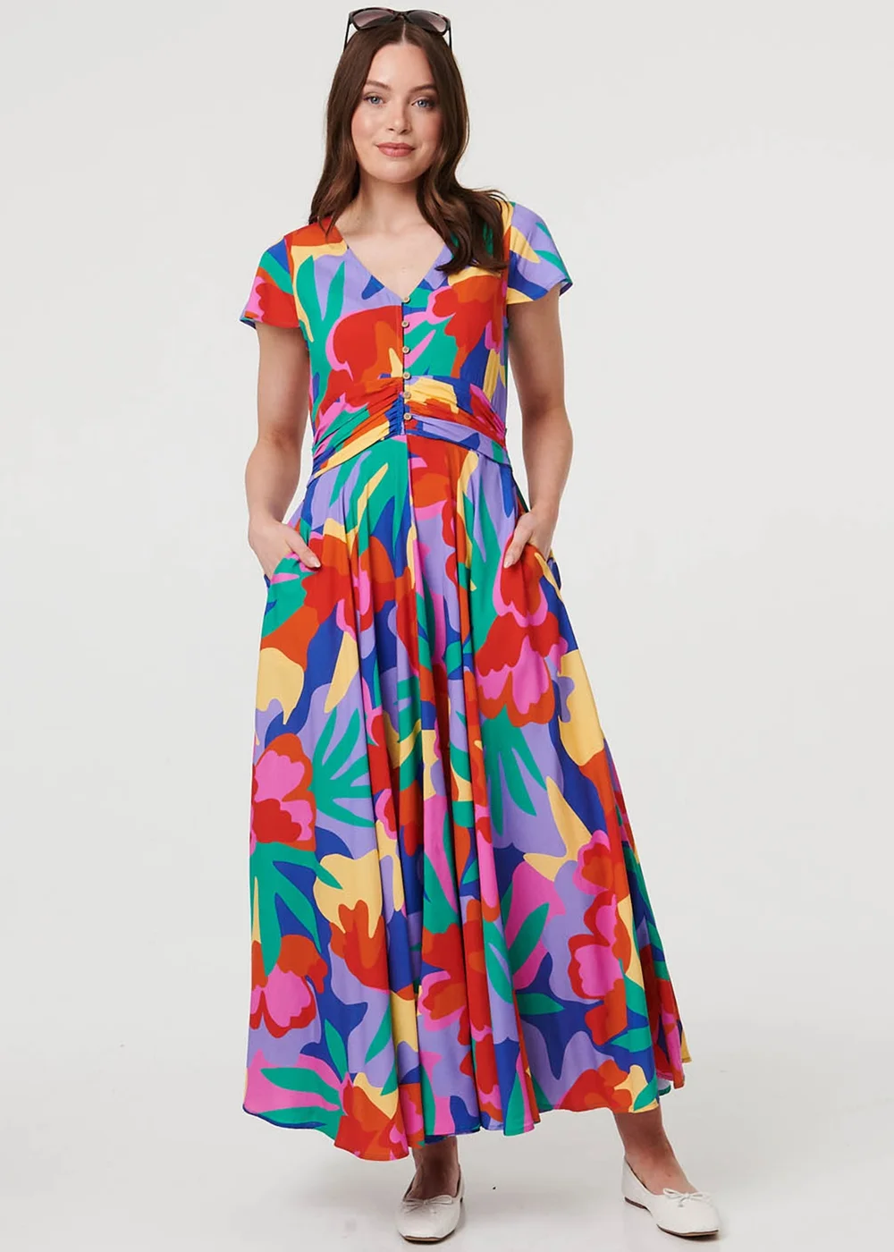 Izabel London Multi Blue Abstract Floral Tie Ruched Maxi Dress - 14 Image 1