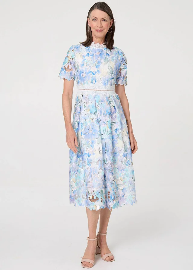 Izabel London Multi Blue Floral Semi Sheer Lace Layer Midi Dress