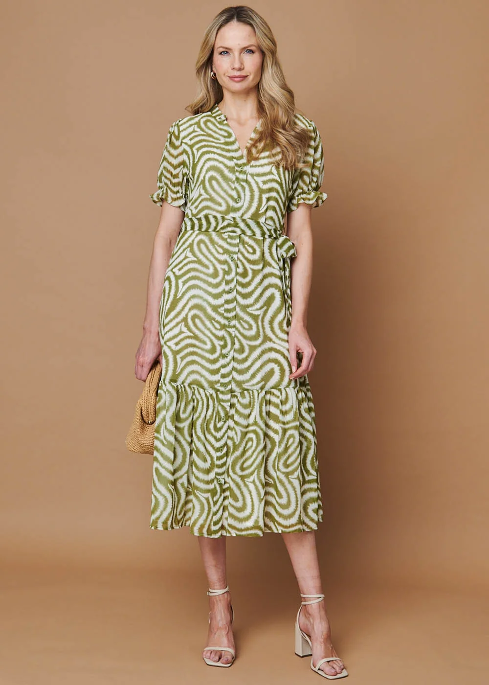 Izabel London Green Printed Short Sleeve Midi Shirt Dress - 14 Image 1