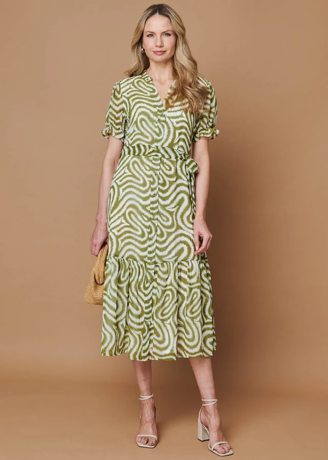 Izabel London Green Printed Short Sleeve Midi Shirt Dress