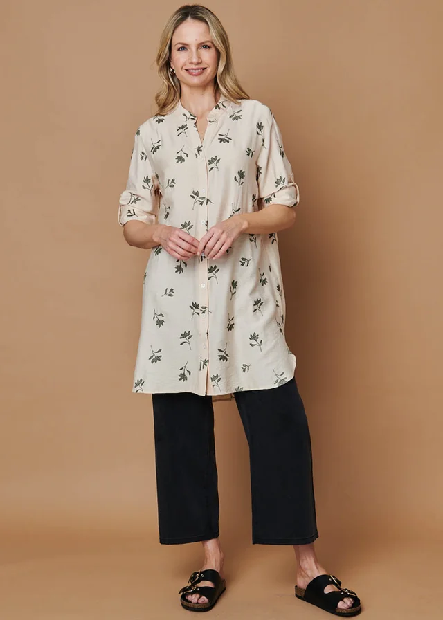 Izabel London Multi Beige Floral Long Sleeve Casual Longline Shirt