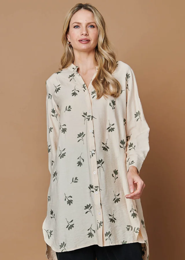 Izabel London Multi Beige Floral Long Sleeve Casual Longline Shirt