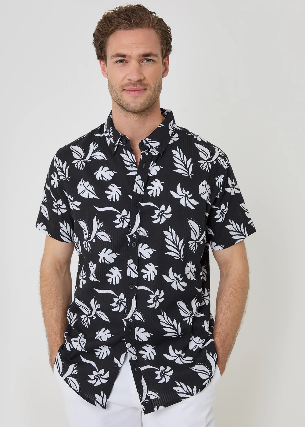 Threadbare Black Plant Print Cotton Short Sleeve Shirt - 2XL Image 5