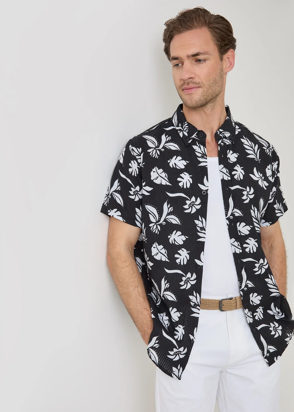 Threadbare Black Plant Print Cotton Short Sleeve Shirt - 2XL Image 1