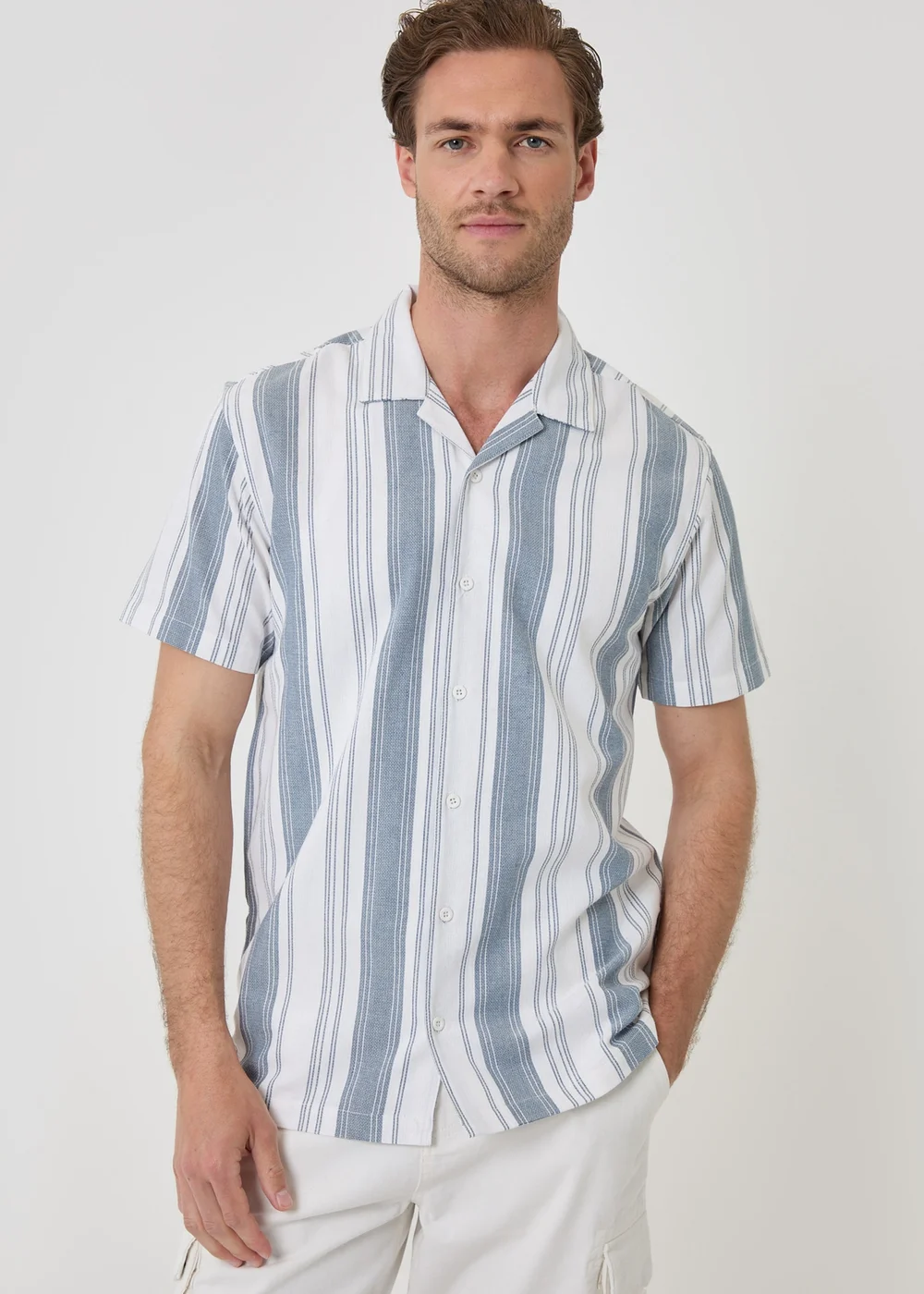 Threadbare Blue Stripe Knitted Short Sleeve Shirt - L Image 3
