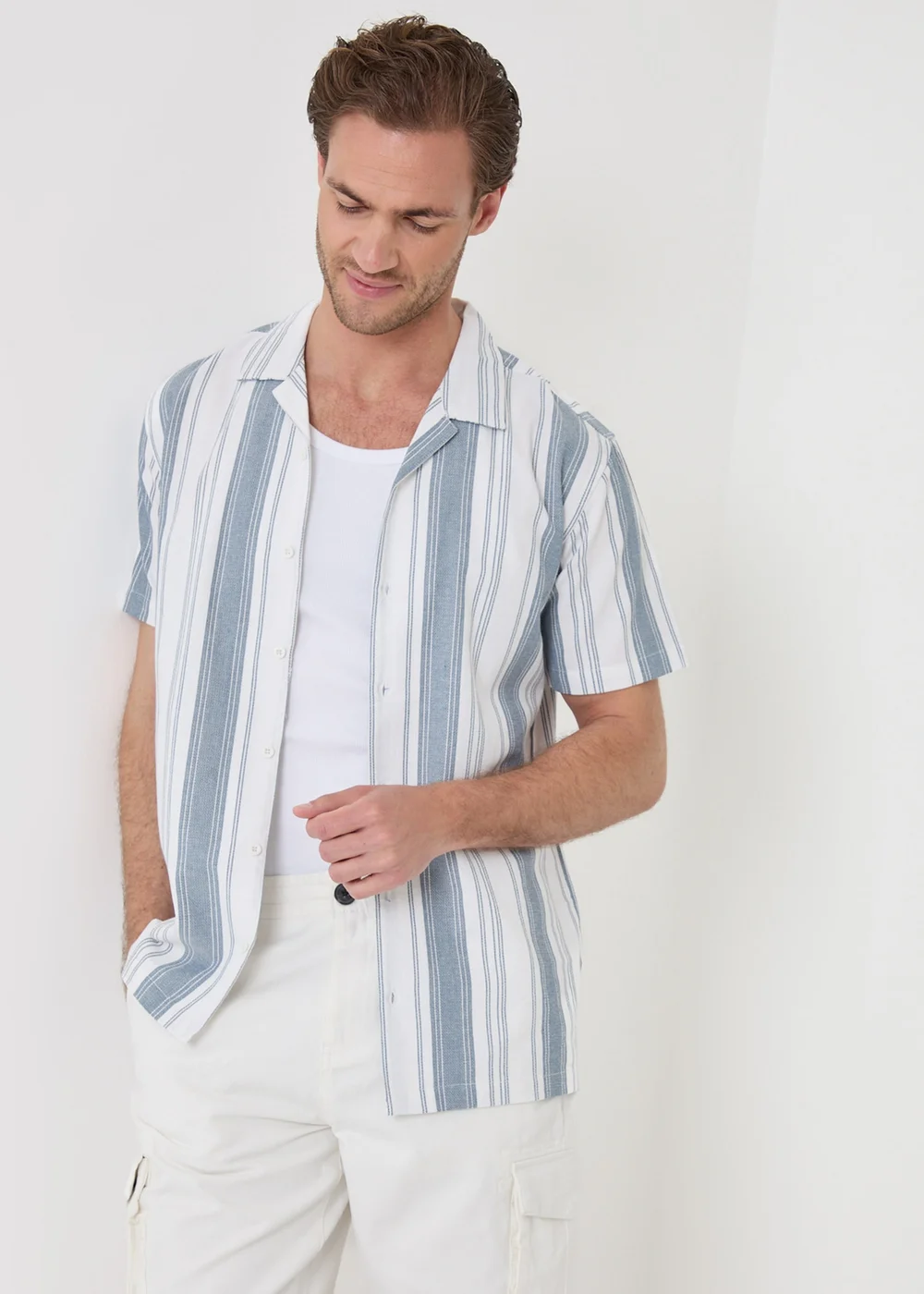 Threadbare Blue Stripe Knitted Short Sleeve Shirt - L Image 1