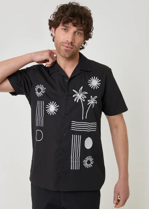 Threadbare Black Beach Embroidered Cotton Short Sleeve Shirt - M Image 1