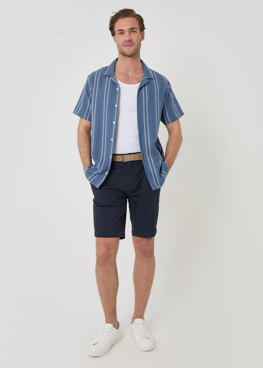 Threadbare Blue Stripe Knitted Cotton Blend Short Sleeve Shirt - XL Image 5