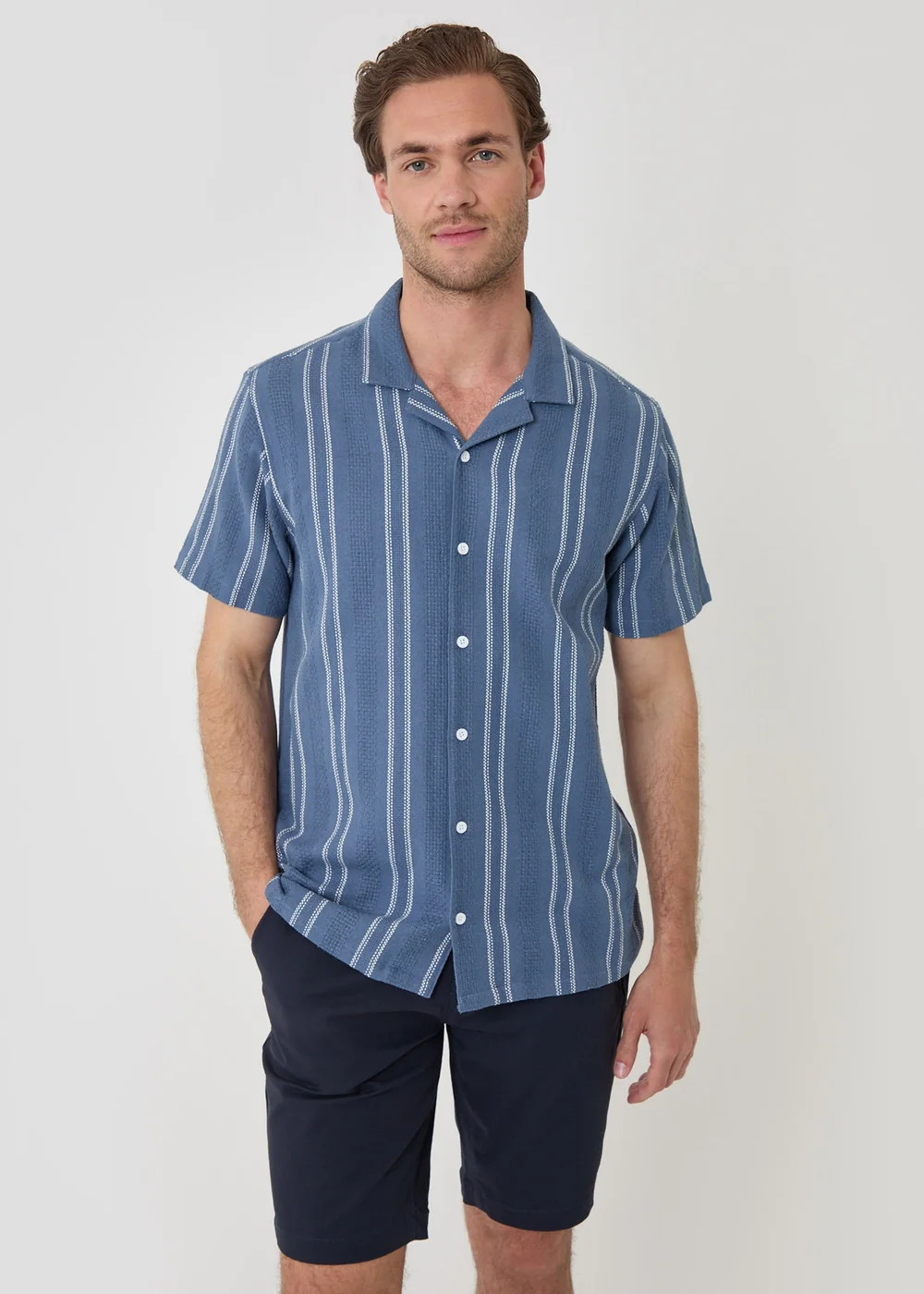 Threadbare Blue Stripe Knitted Cotton Blend Short Sleeve Shirt - XL Image 3
