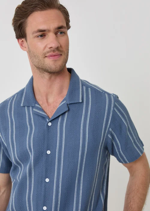Threadbare Blue Stripe Knitted Cotton Blend Short Sleeve Shirt - XL Image 4