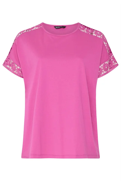 Yours Curve Pink Crochet Sleeve Boxy T-Shirt - 18 Image 5