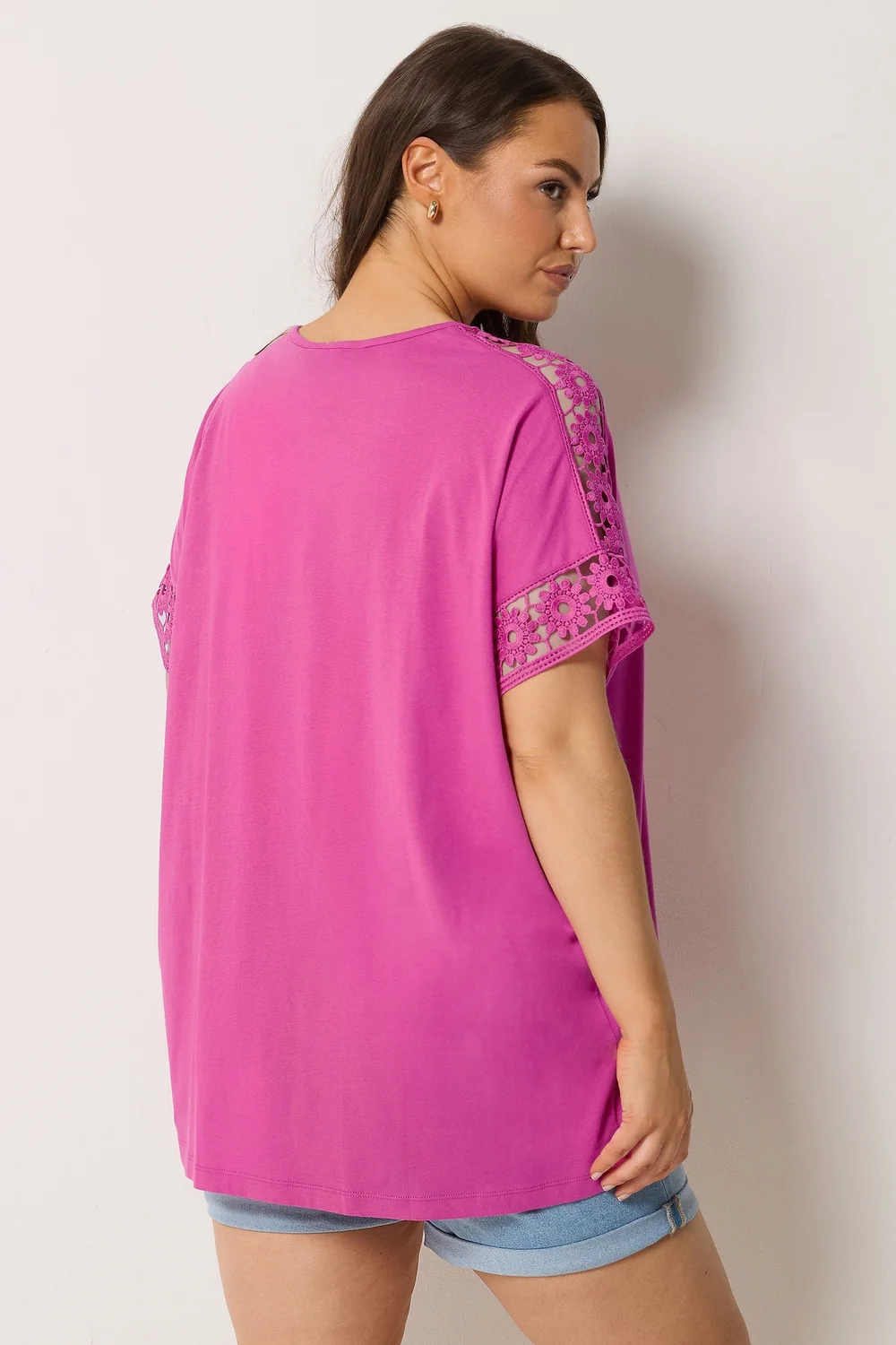 Yours Curve Pink Crochet Sleeve Boxy T-Shirt - 18 Image 2