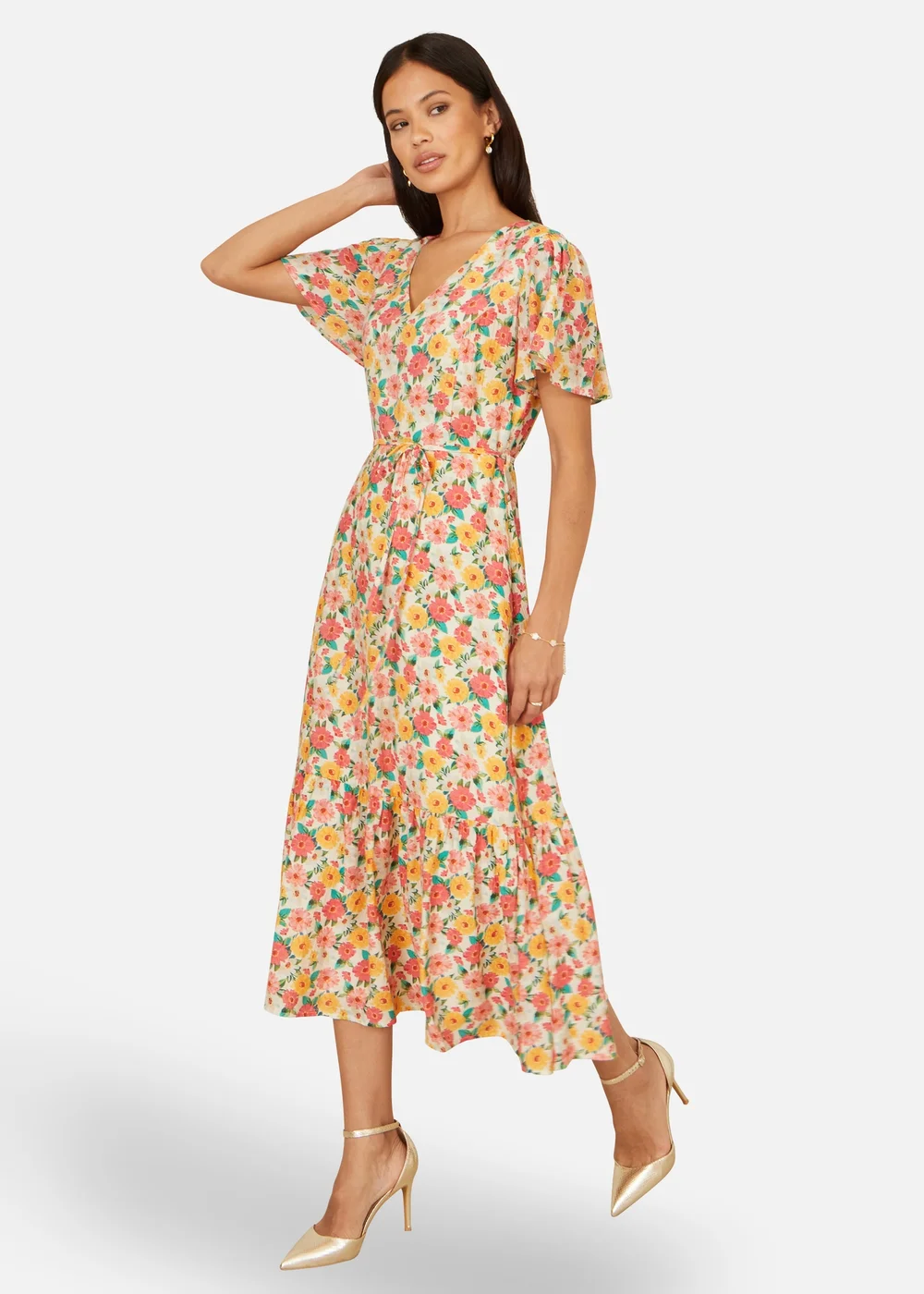 Yumi Multicolour Midi Tea Dress With Angel Sleeves - 16 Image 1
