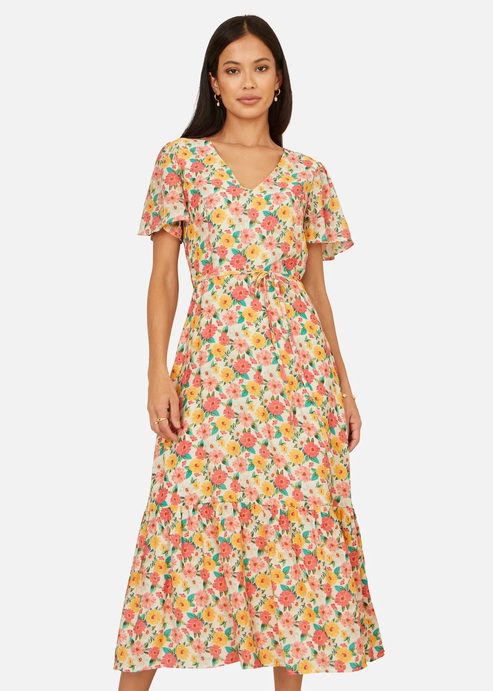 Yumi Multicolour Midi Tea Dress With Angel Sleeves - 16 Image 2
