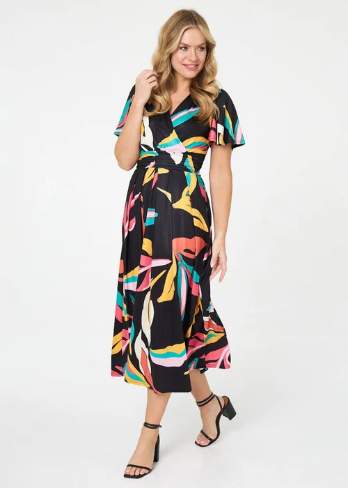 Izabel London Multi Green Abstract Faux Wrap Tie Back Midi Dress - 16 Image 1