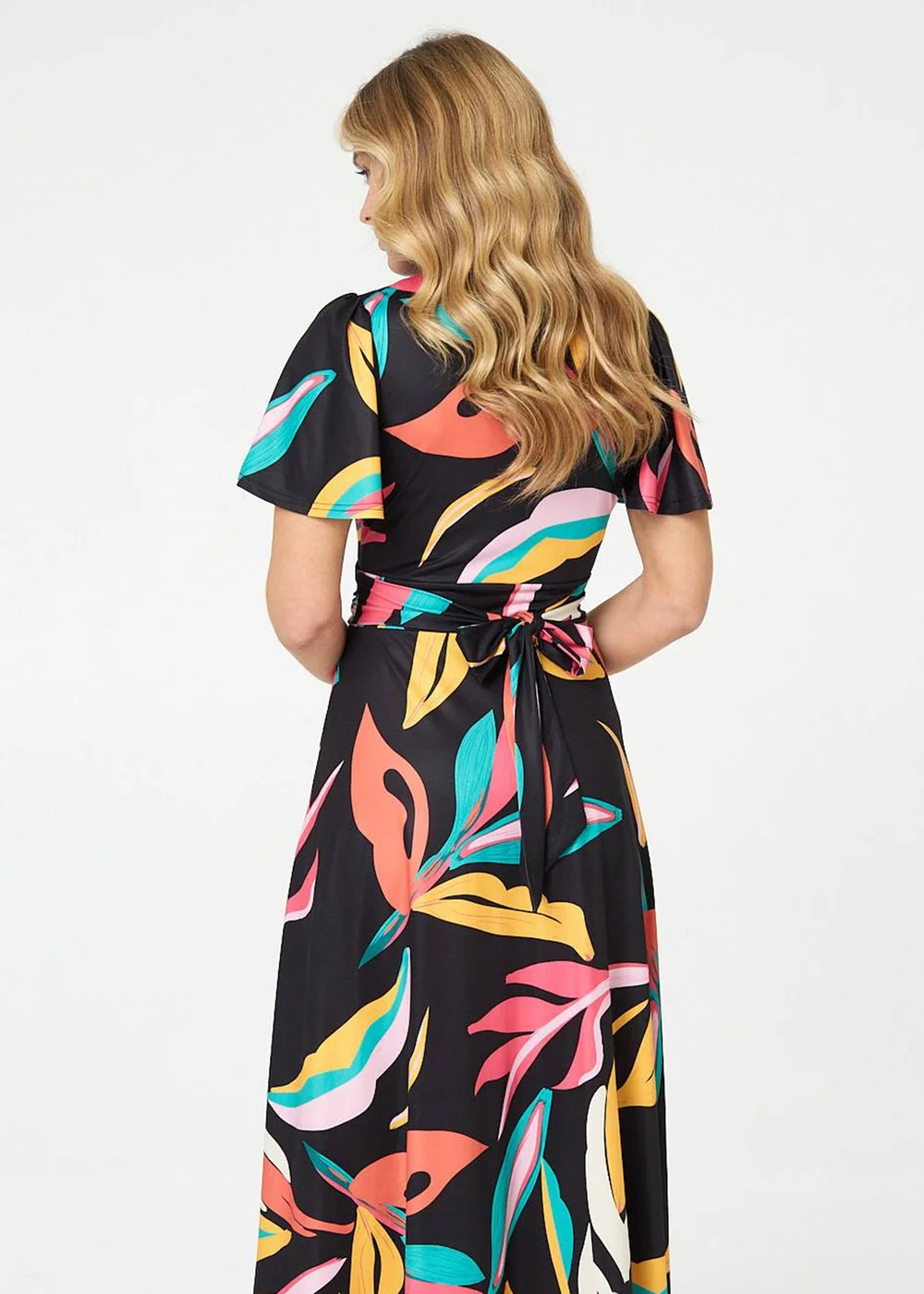 Izabel London Multi Green Abstract Faux Wrap Tie Back Midi Dress - 16 Image 3