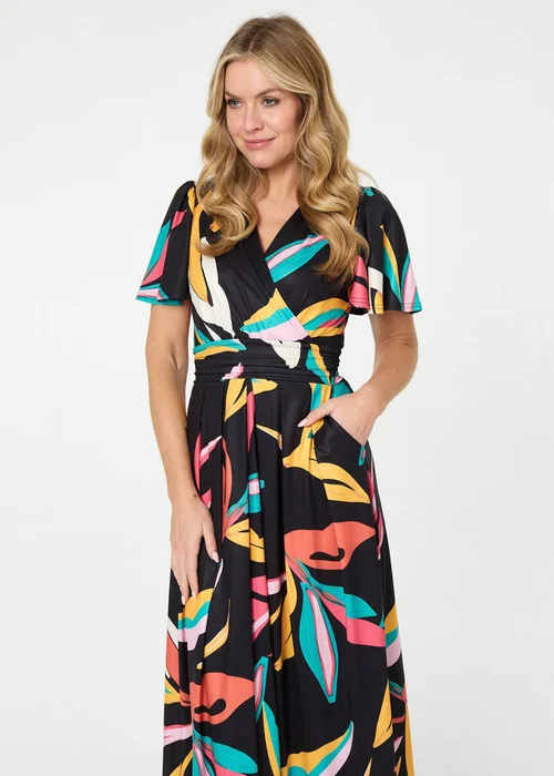 Izabel London Multi Green Abstract Faux Wrap Tie Back Midi Dress - 16 Image 2