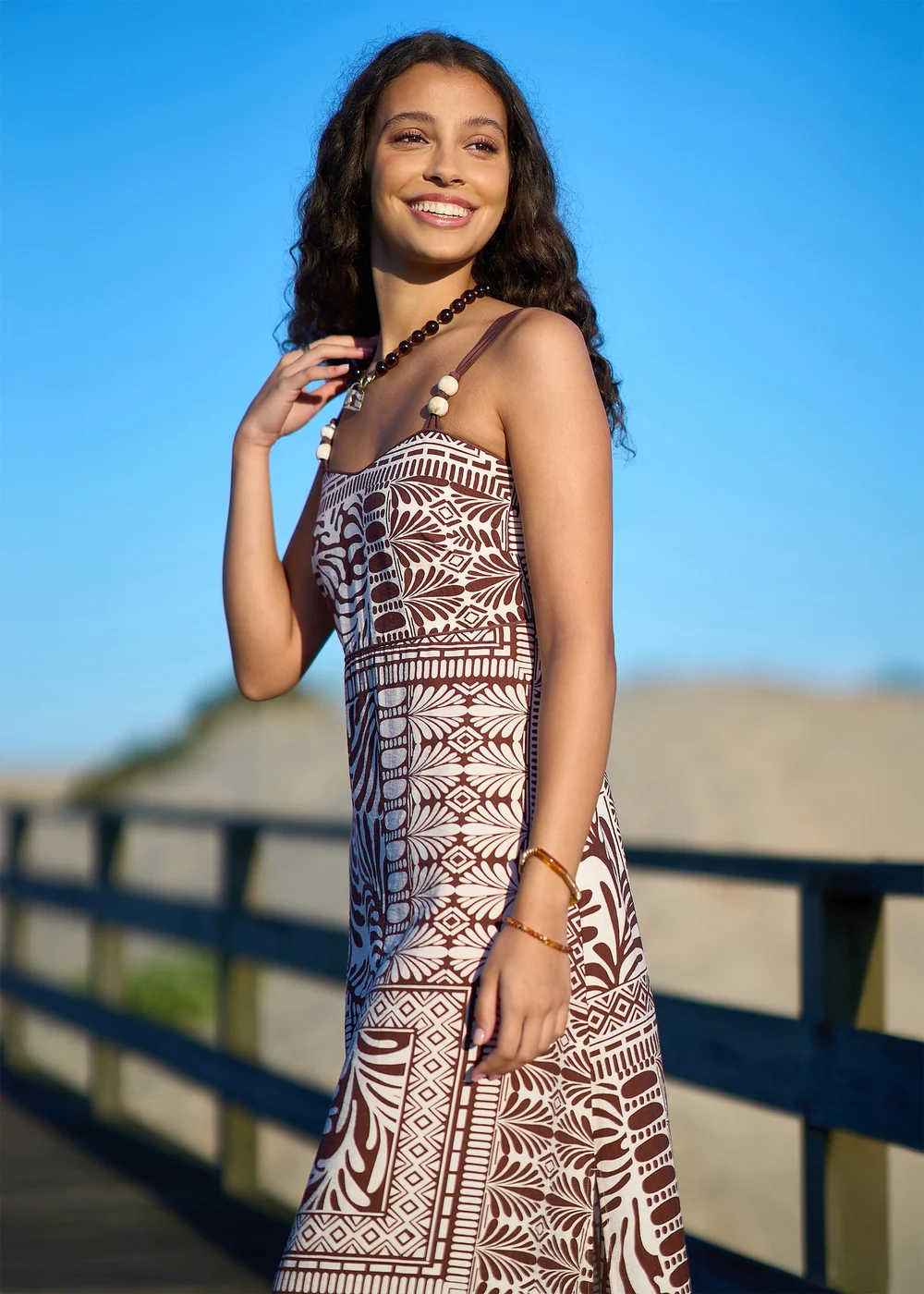 Yumi Brown Tile Print Maxi Dress With Bead Details - 16 Image 2
