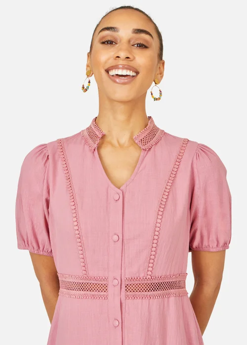 Yumi Pink Cotton Lace Trim Skater Shirt Dress - 8 Image 3
