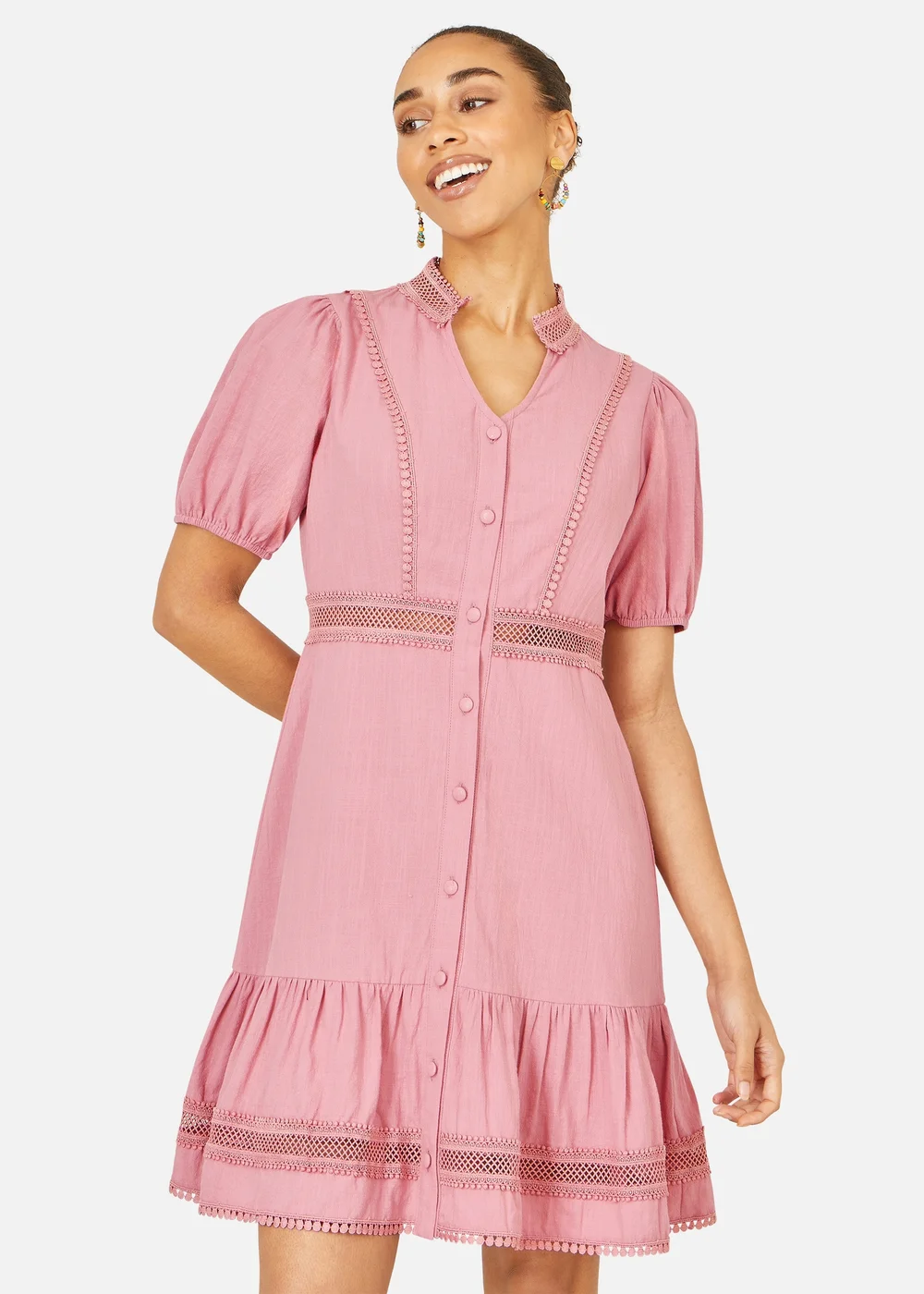 Yumi Pink Cotton Lace Trim Skater Shirt Dress - 8 Image 2