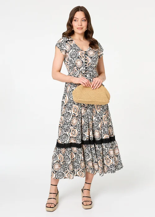 Izabel London Stone Mosaic Print Lace Cap Sleeve Maxi Dress - 10 Image 1