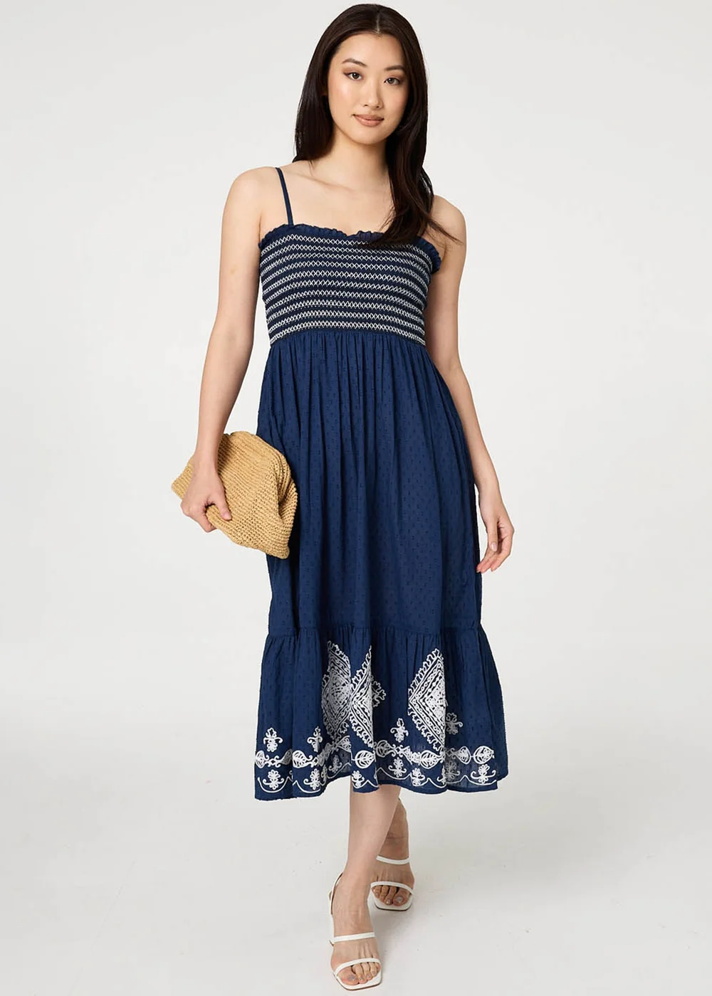 Izabel London Blue Embroidered Border Cami Strap Midi Dress - 16 Image 1