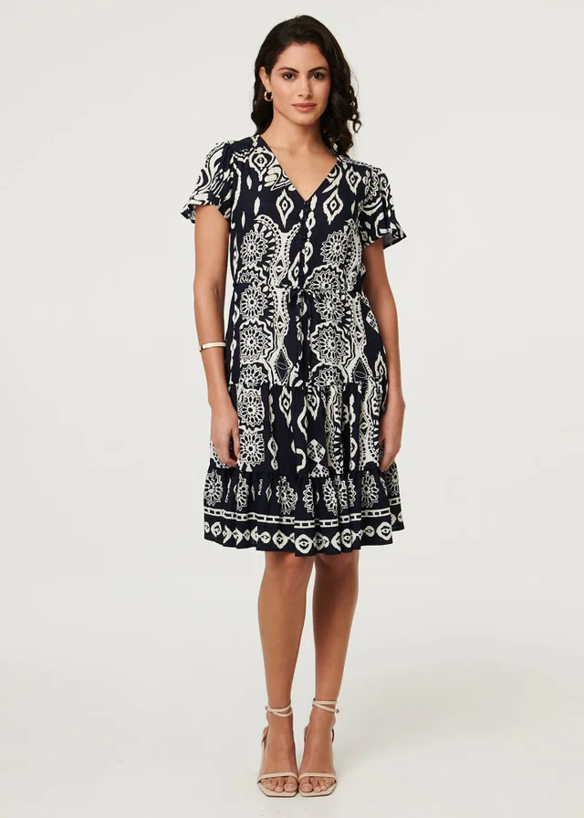 Izabel London Brown Abstract Angel Sleeve Knee Length Dress