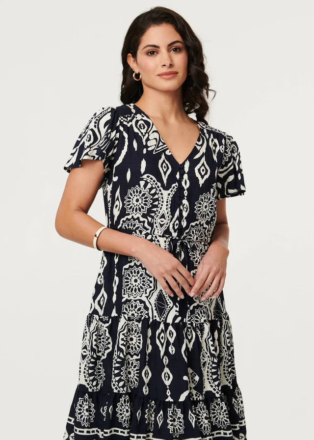 Izabel London Brown Abstract Angel Sleeve Knee Length Dress