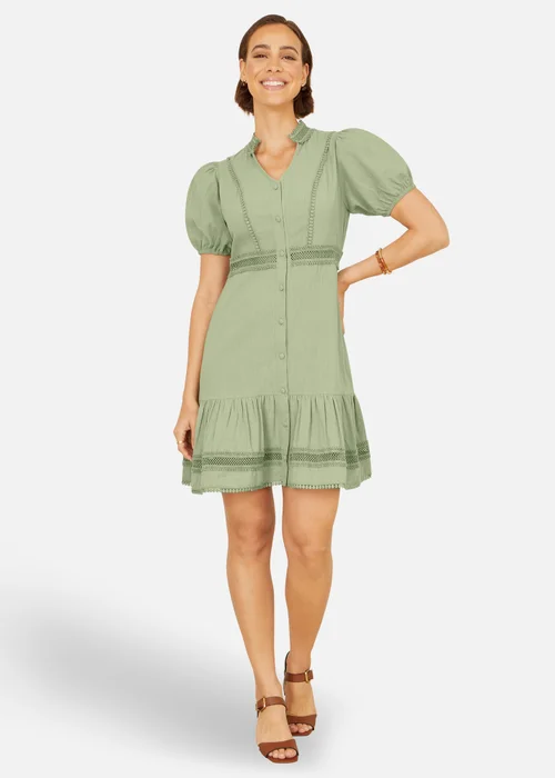 Yumi Green Cotton Lace Trim Skater Shirt Dress - 8 Image 1