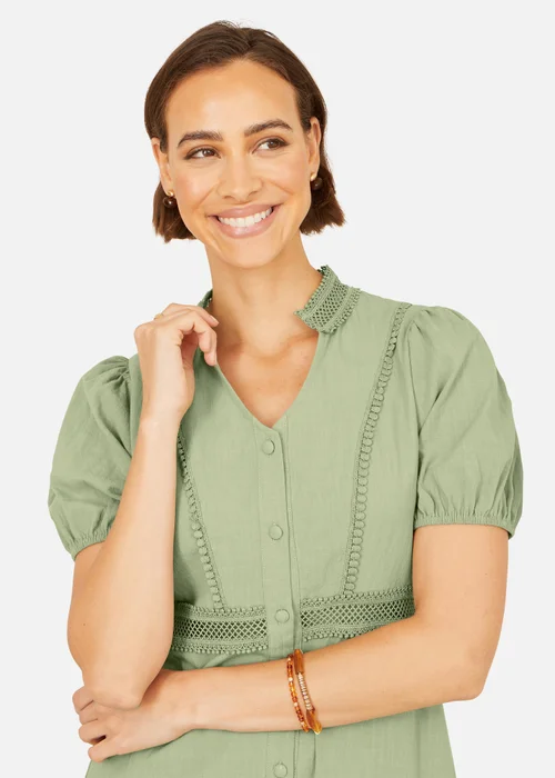 Yumi Green Cotton Lace Trim Skater Shirt Dress - 8 Image 3