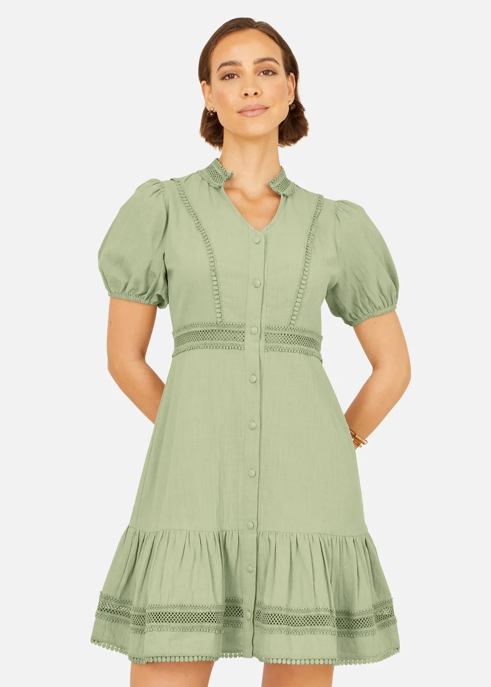 Yumi Green Cotton Lace Trim Skater Shirt Dress - 8 Image 2
